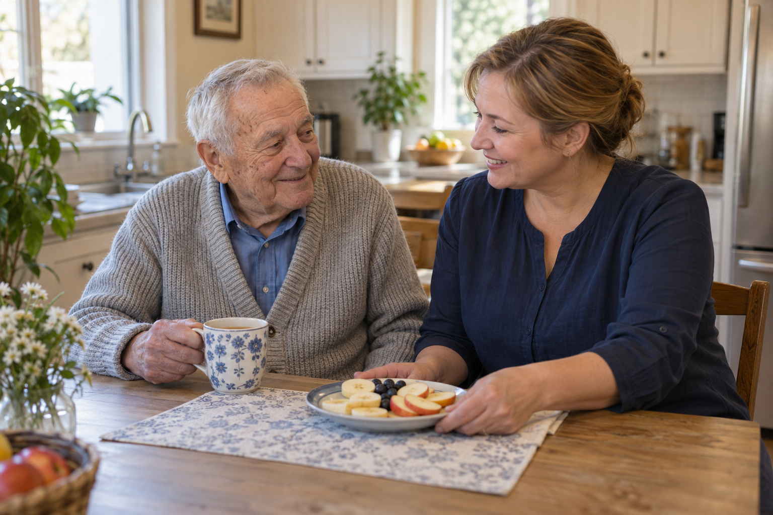 Illustration of an older man and caregiver sharing tea and a snack at home