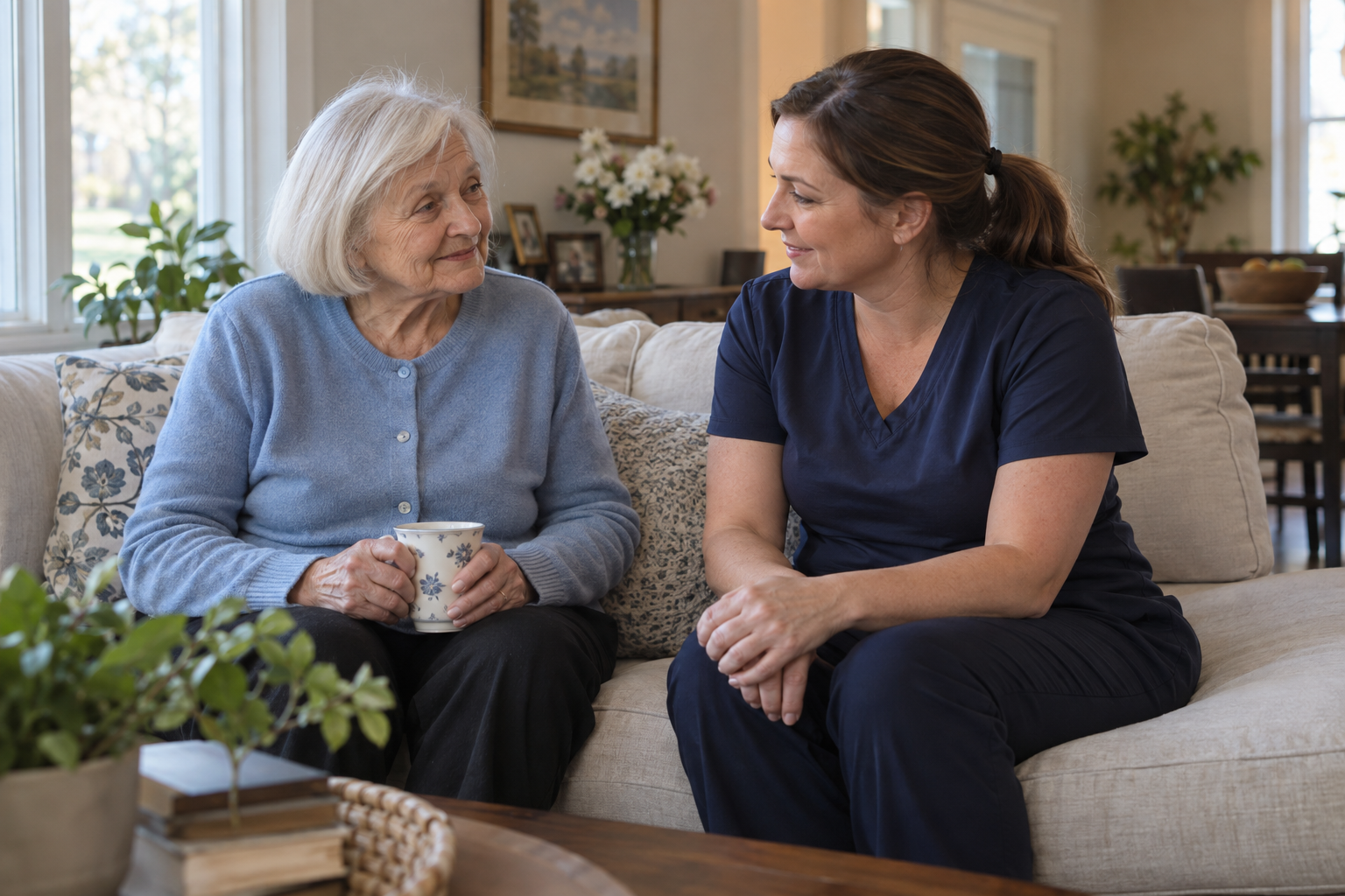 Illustration of an older woman and caregiver sharing conversation at home